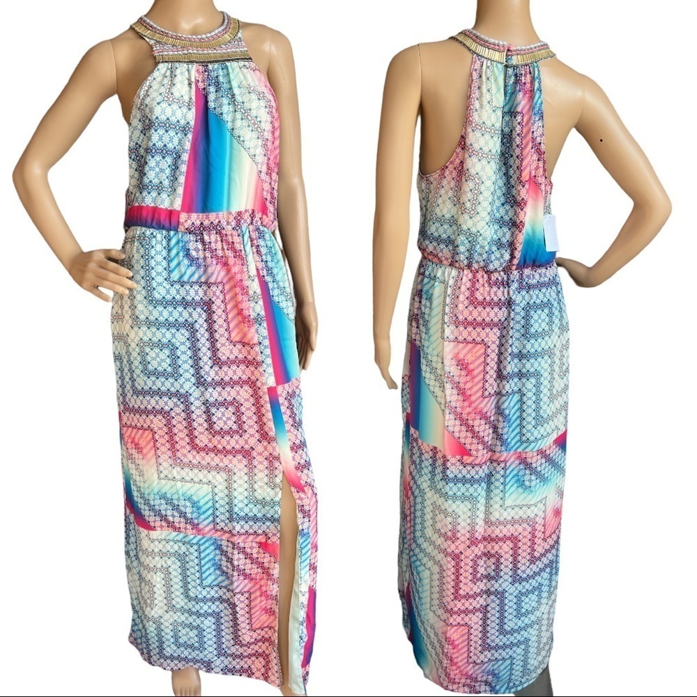 Charlie Jade Ava Embellished‎ Georgette Maxi Sleeveless Slit Size M Dress